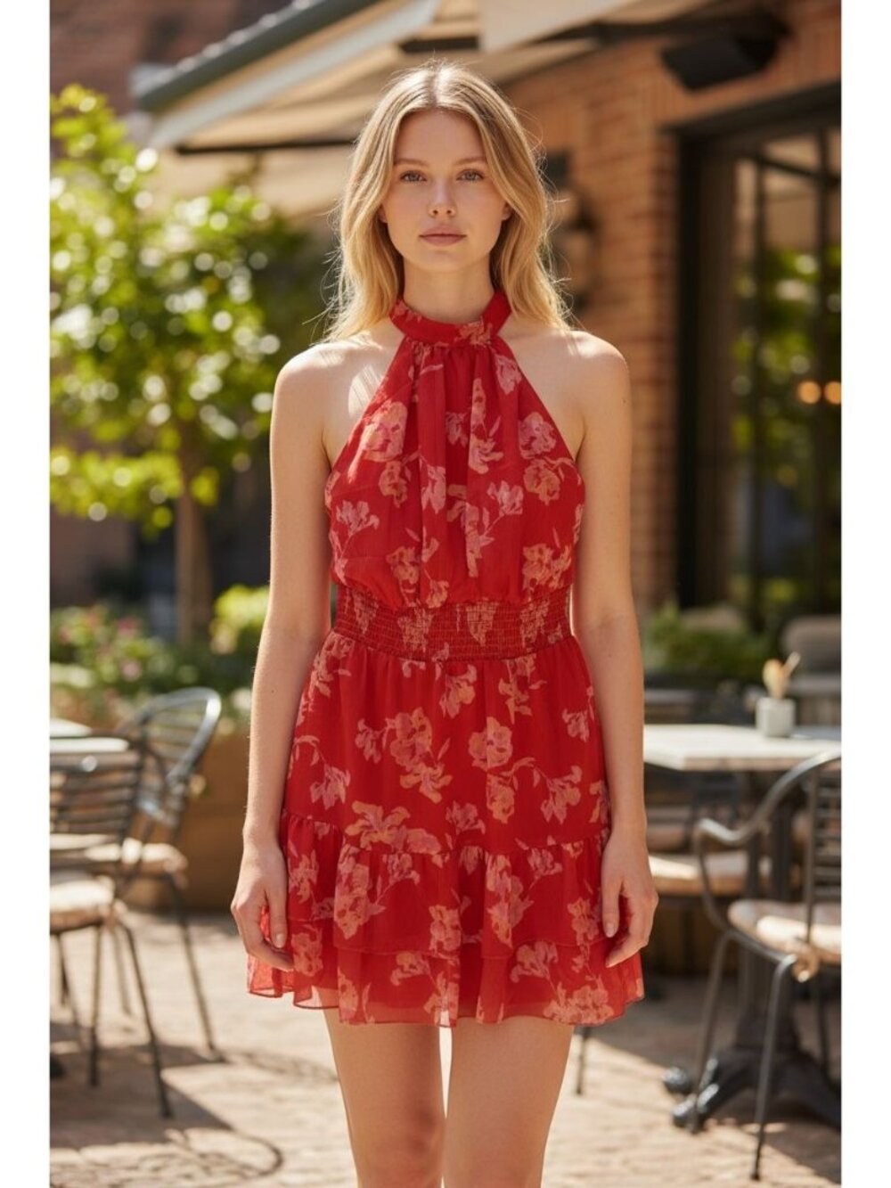 Chelsea28 Red & Pink Floral Halter Neck Tiered Mini Dress - Size M 100% Polyeste